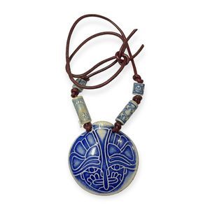 Clay‎ Pottery Stoneware Pendant Necklace Blue White Stars Sun Moon Beads Cord